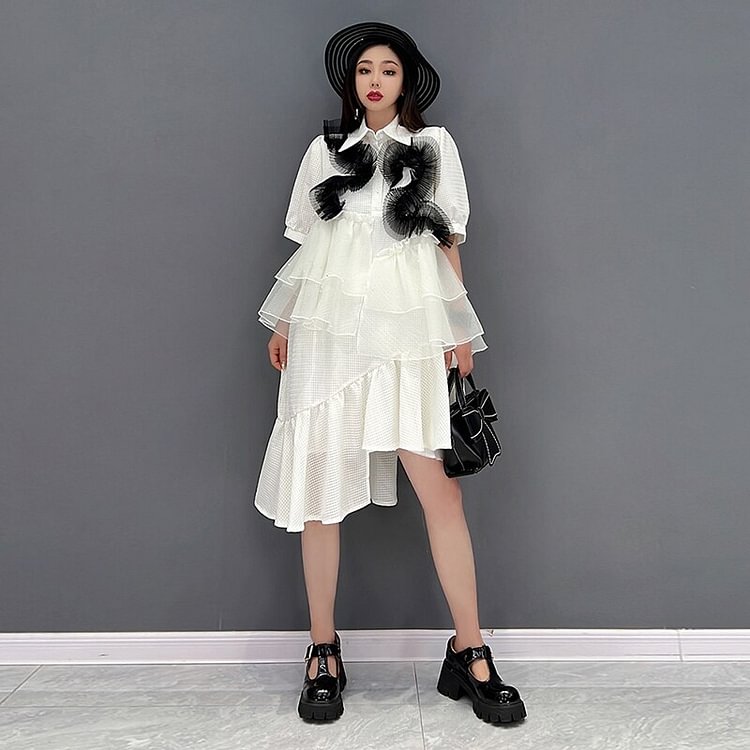Fashion Loose Turn-down Collar Ruffles Patchwork Short Sleeve Irregular Dress      