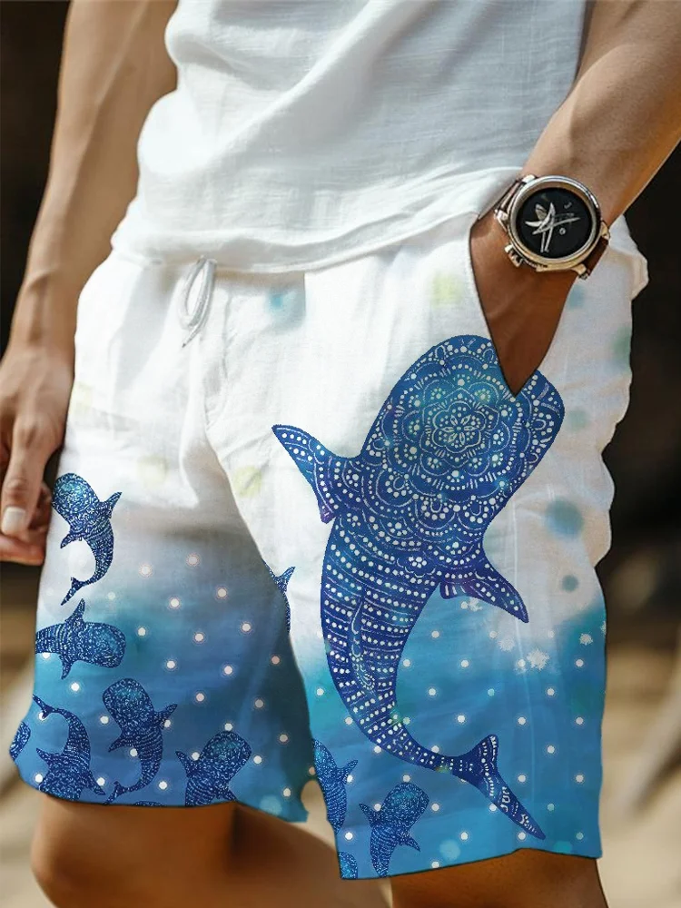 Whale Shark Watercolor Art Men's Linen Shorts