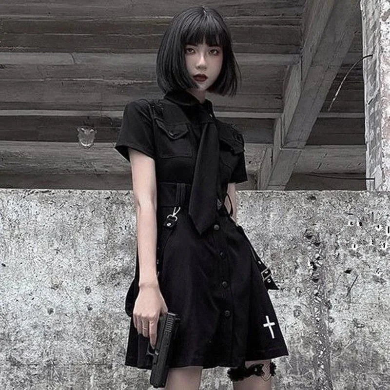 Goth Dress Punk Gothic Harajuku Summer Black Mini Dress Dark Academia SP16315