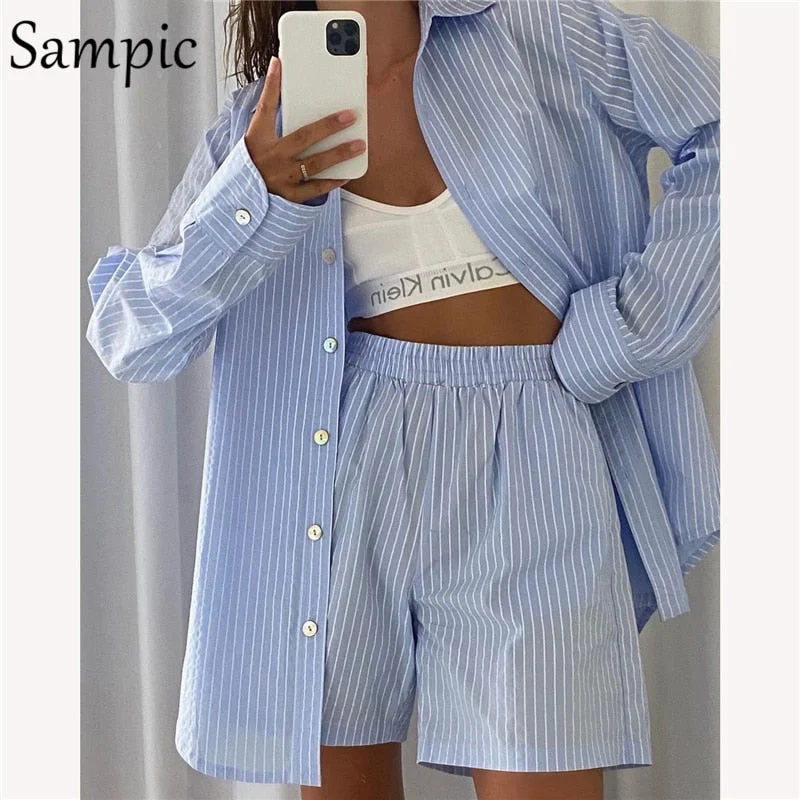 Sampic 2021 Fashion Long Sleeve Women Tracksuit Blouse Set Casual Striped Shirt Tops And Loose Mini Shorts Two Piece Set Outfits