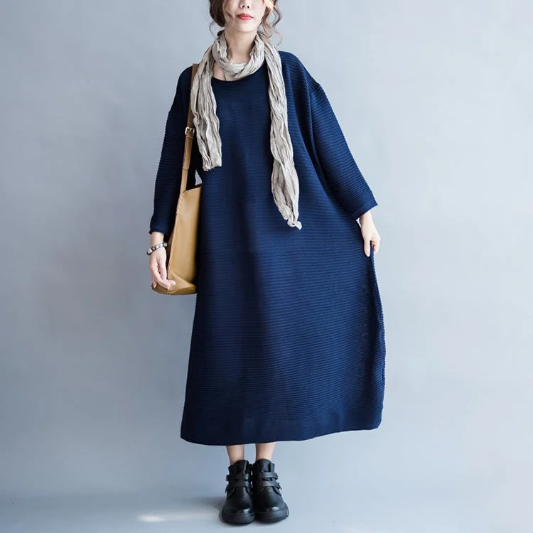 blue casual warm knit dresses oversize o neck sweater dress