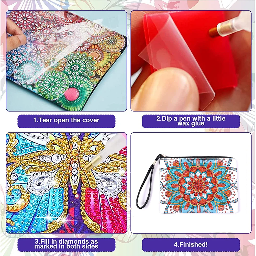 DIY Mandala Diamond Art Cosmetic Bag Flowers Single Sided PU Women Clutch