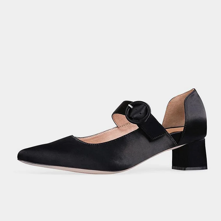 Black Satin Pointed Toe Buckled Block Heel Pumps for Women |FSJ Shoes