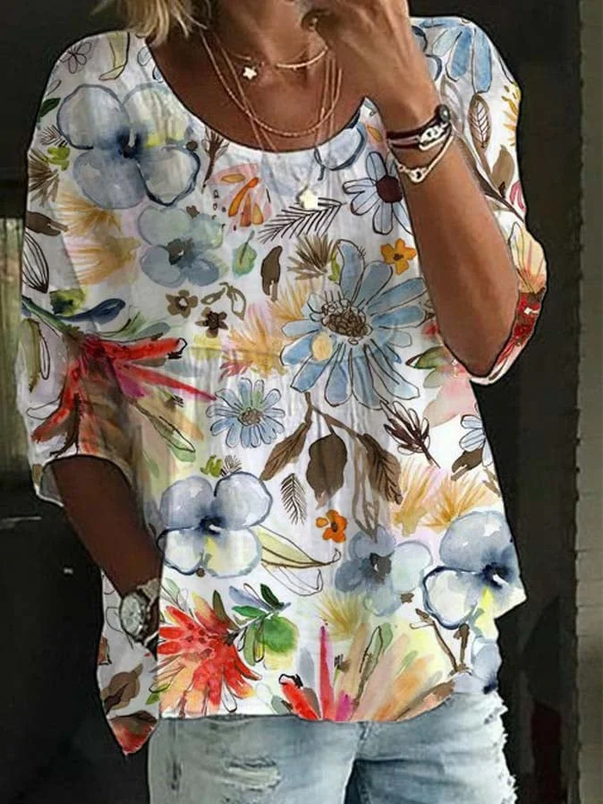 Women's Floral Half Printed Cotton Linen Casual Top