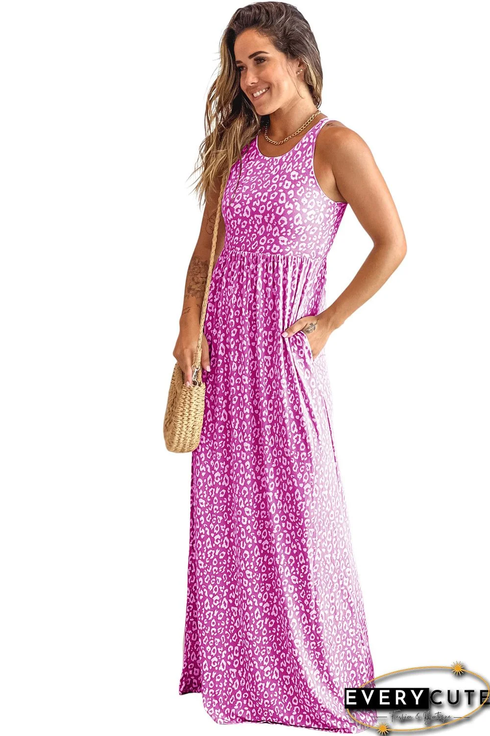 Rose Leopard Print Pocketed Sleeveless Maxi Dress