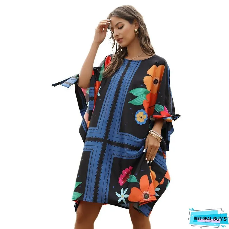 Fashion Fluffy Loose Dress Round Neck Bat Sleeve Women's Dress