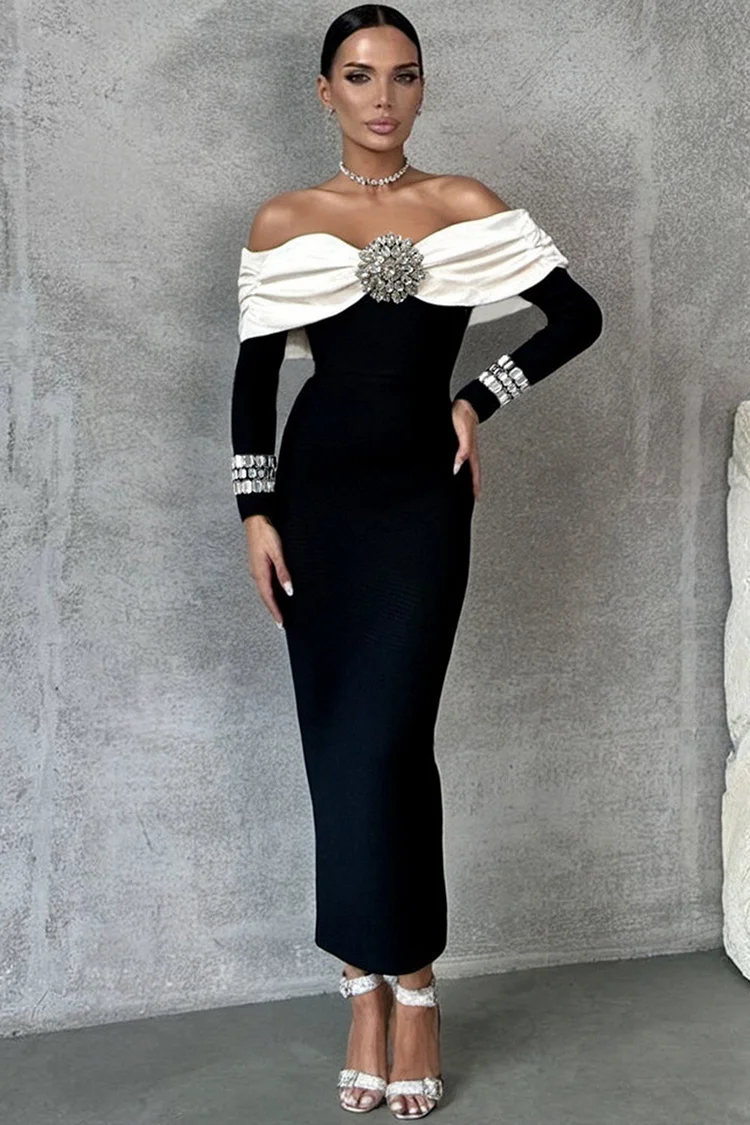 Rhinestone Embellished Off Shoulder Long Sleeve Maxi Dress-Black