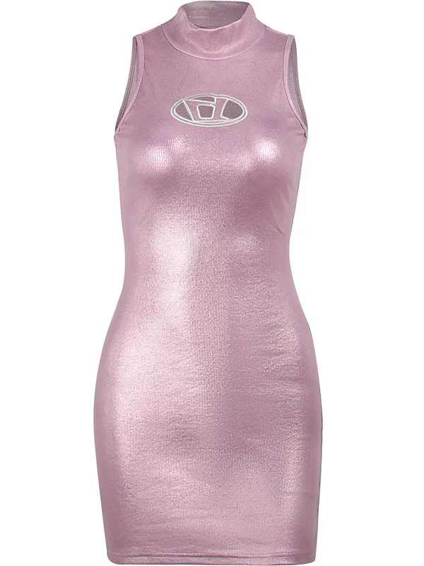 Sexy Sleeveless Cutout Letter Embroidered Mock Neck Bodycon Dress