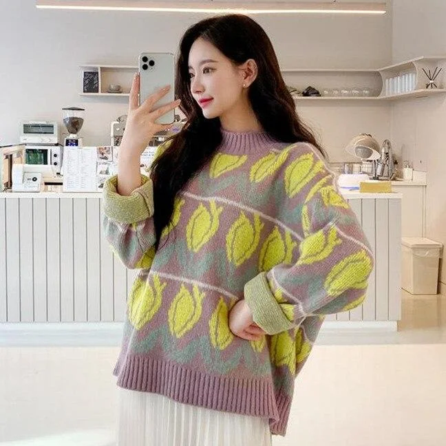 Sweet Retro Striped Flowers Round Neck Thick Warm Knit Sweater Sweater Winter Fashion Casual Lazy Style Korean Knitted Sweater