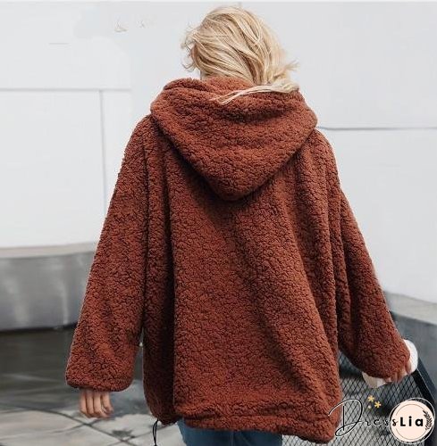 Autumn And Winter Hooded Plush Thick Loose Sweater Coat