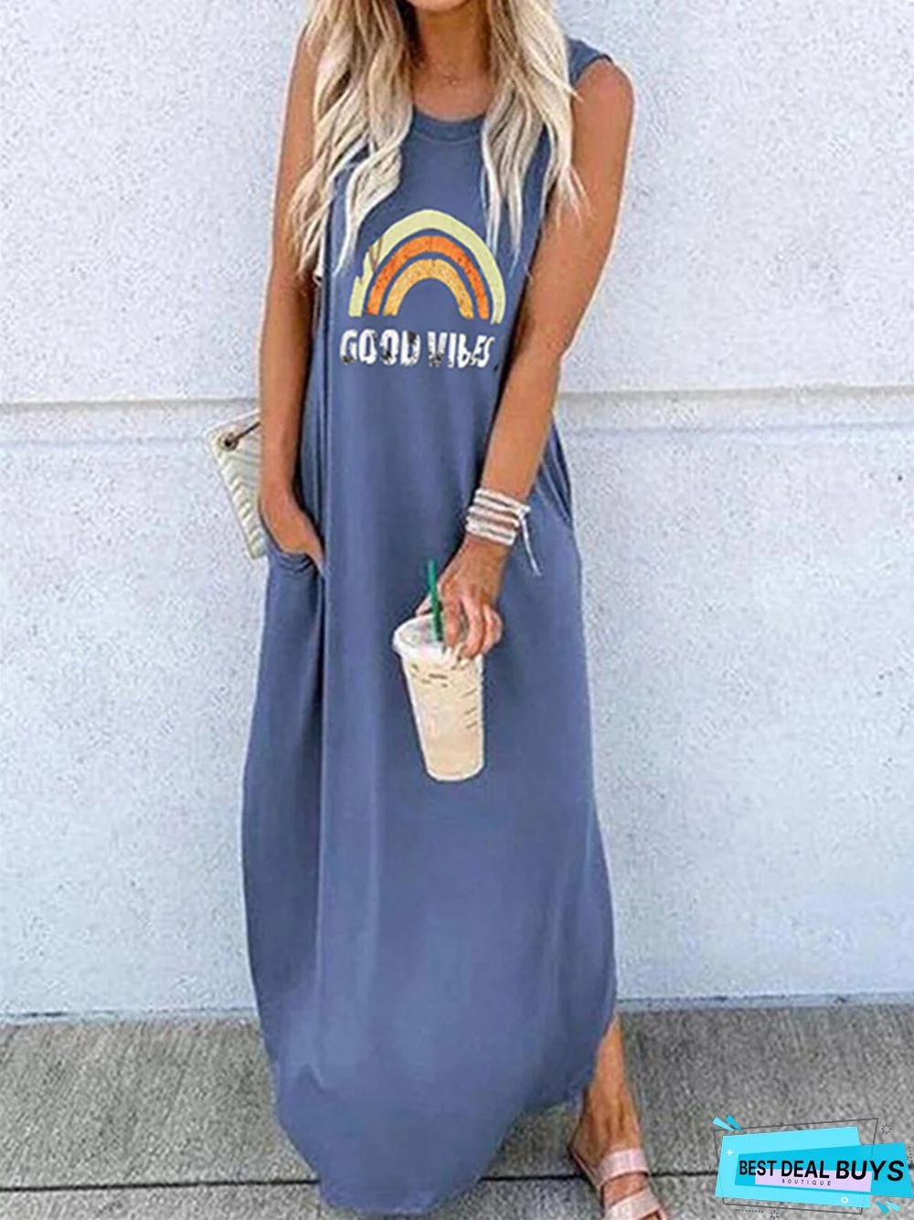 Round Neck Short Sleeve Loose Medium Length Dress