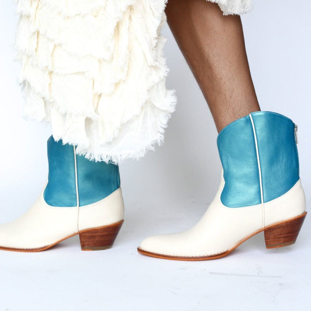 White & Blue Patchwork Pointed Toe Chunky Heel Cowgirl Ankle Boots Nicepairs
