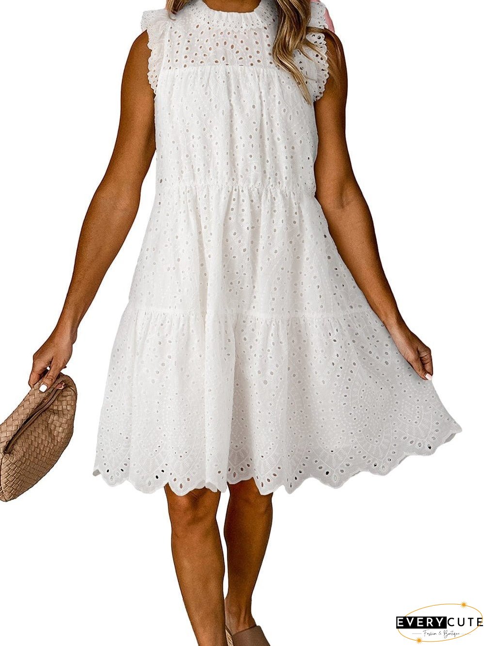 Elegant White Hollow Flutter Mini Dress