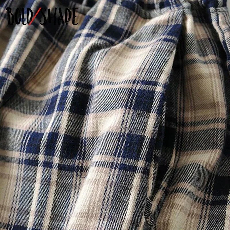 Bold Shade Plaid Skater Style Boyfriend Pants High Waist 90s Streetwear Fashion Women Straight Trousers Indie Vintage Baggy Pant