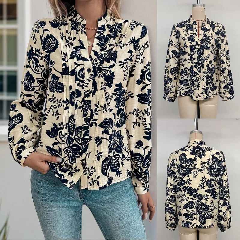 Elegant Vintage Print Stand Collar Shirt Autumn New Arrival Women's Button up Top Shiny Decoration Casual Fashion Style