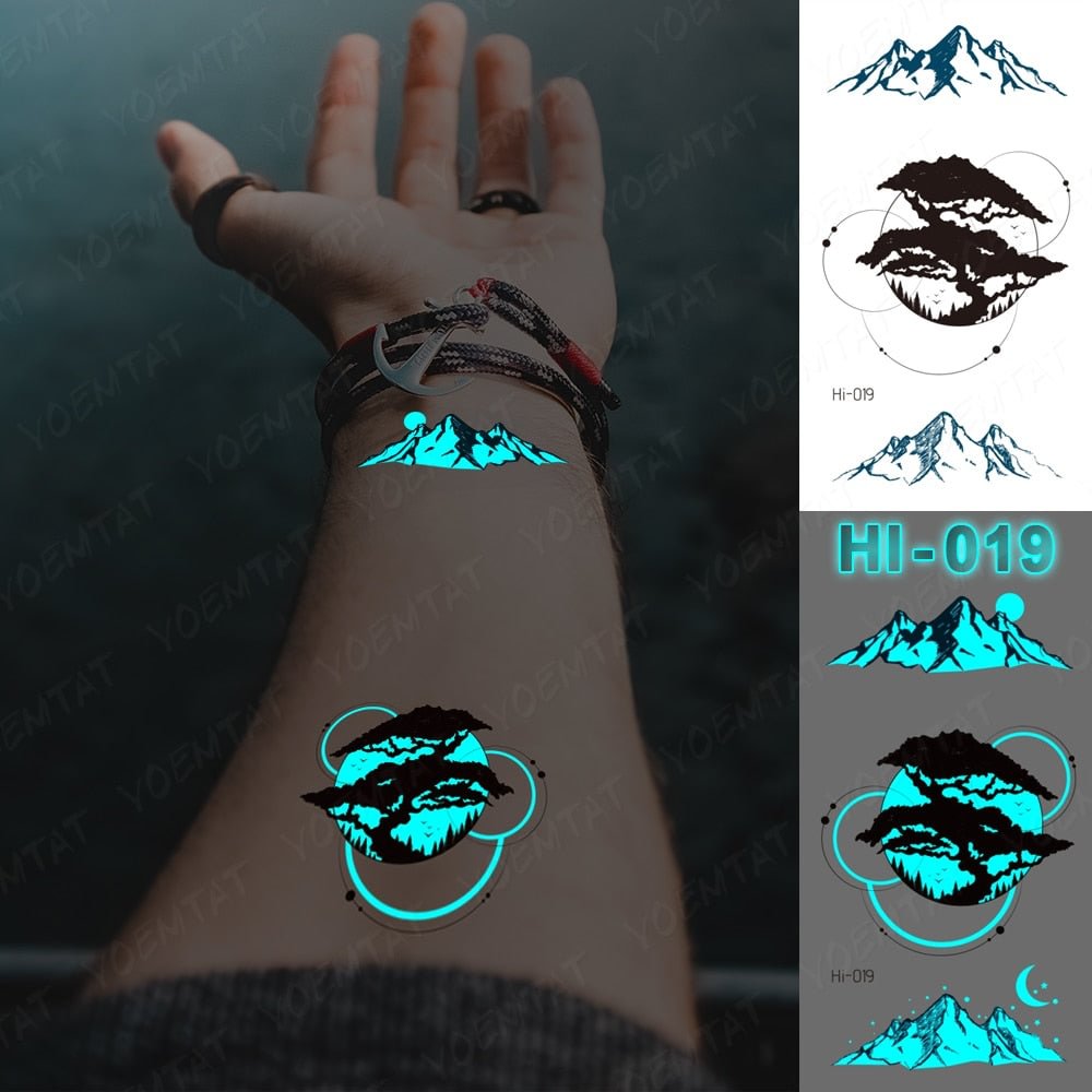 Blue Luminous Glow Tattoo Sticker Mountain Moon Waterproof Temporary Tatoo Nature Forest Sea Fake Tatto For Body Art Women Men