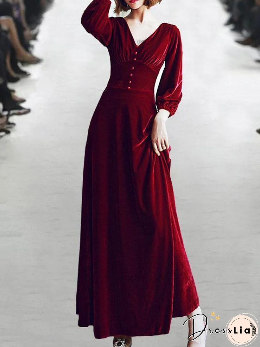 Wine Red Velvet Long Sleeve Swing Dress