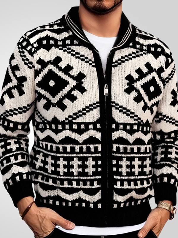 Mature Men's Autumn and Winter Jacquard Knitted Lapel Long Sleeve Jacket Sweater