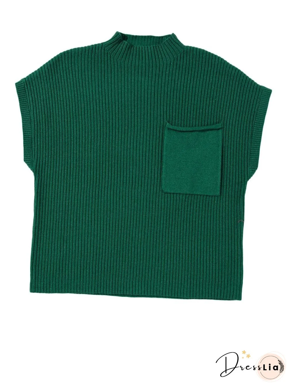 Green Ribbed Knit Short Sleeve Sweater with Patch Pocket