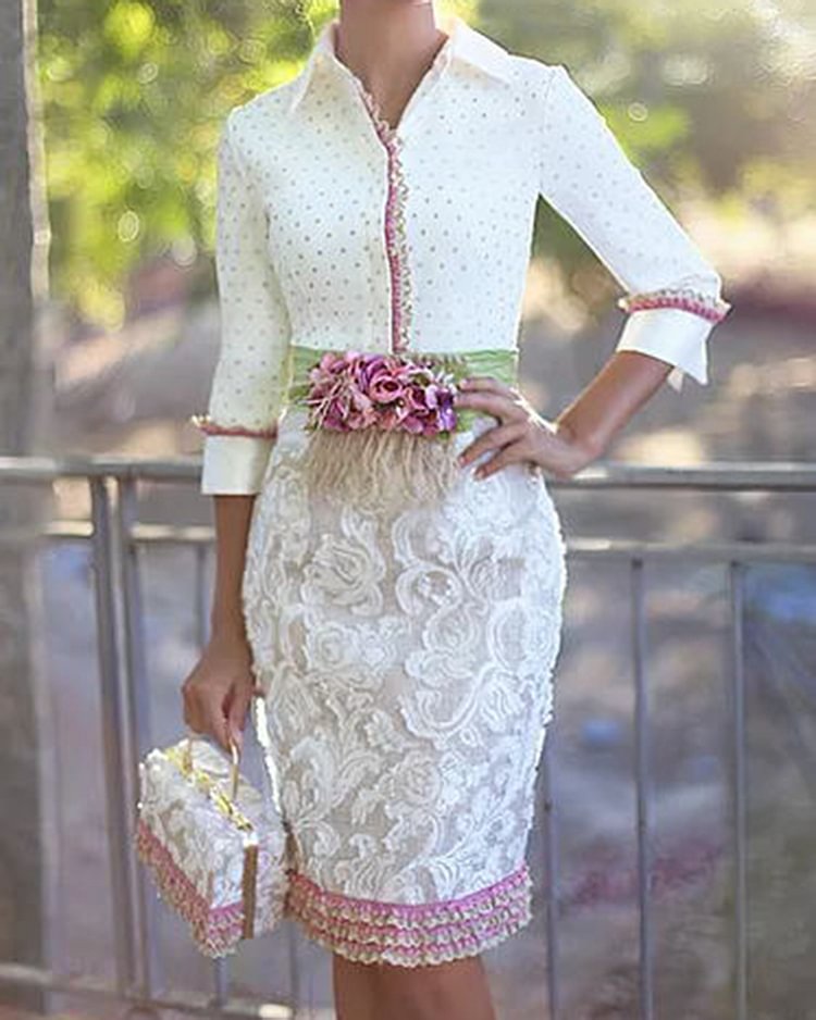 Polka dot shirt lace stitching dress