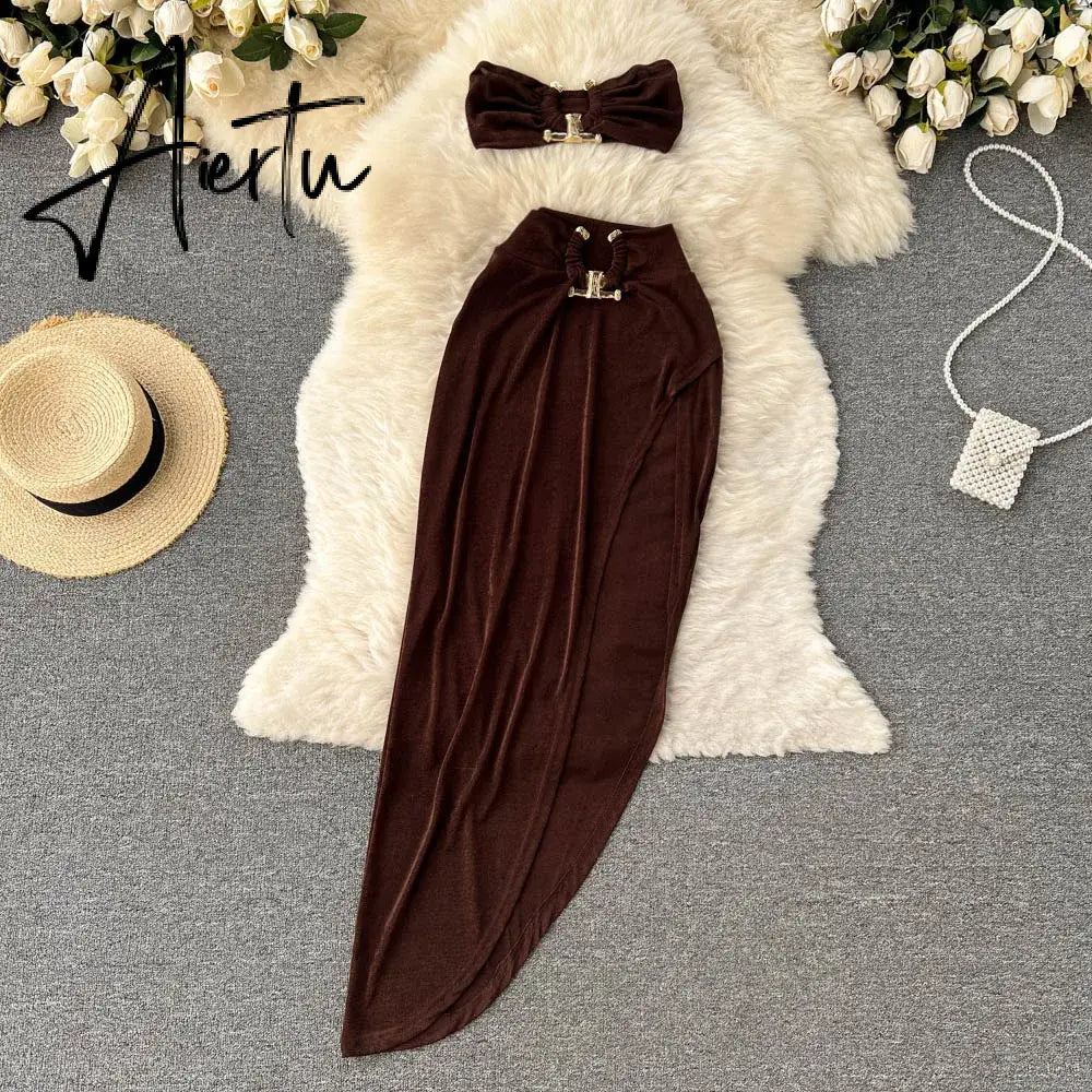 Aiertu Irregular Women Summer Sets Party Slim Solid Elastic Waist Split Sets Elegant Ladies Romantic Sexy Two Piece Sets Aiertu