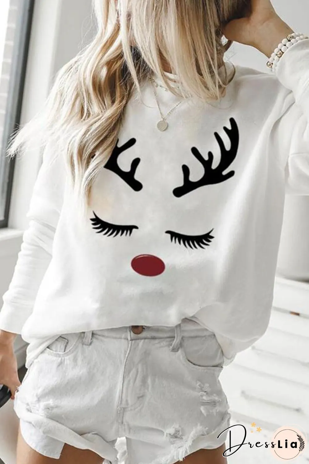 Elk Print Round Collar Sweatshirt P11421