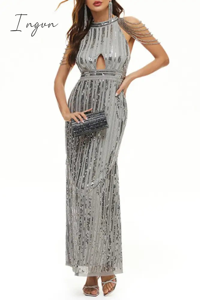 Ingvn - Celebrities Elegant Solid Sequins Patchwork O Neck Evening Dress Dresses Grey / S