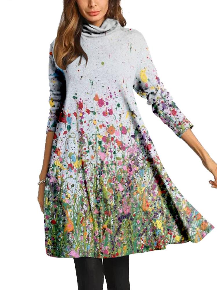 Women Long Sleeve Scoop Neck Printed Midi Dress