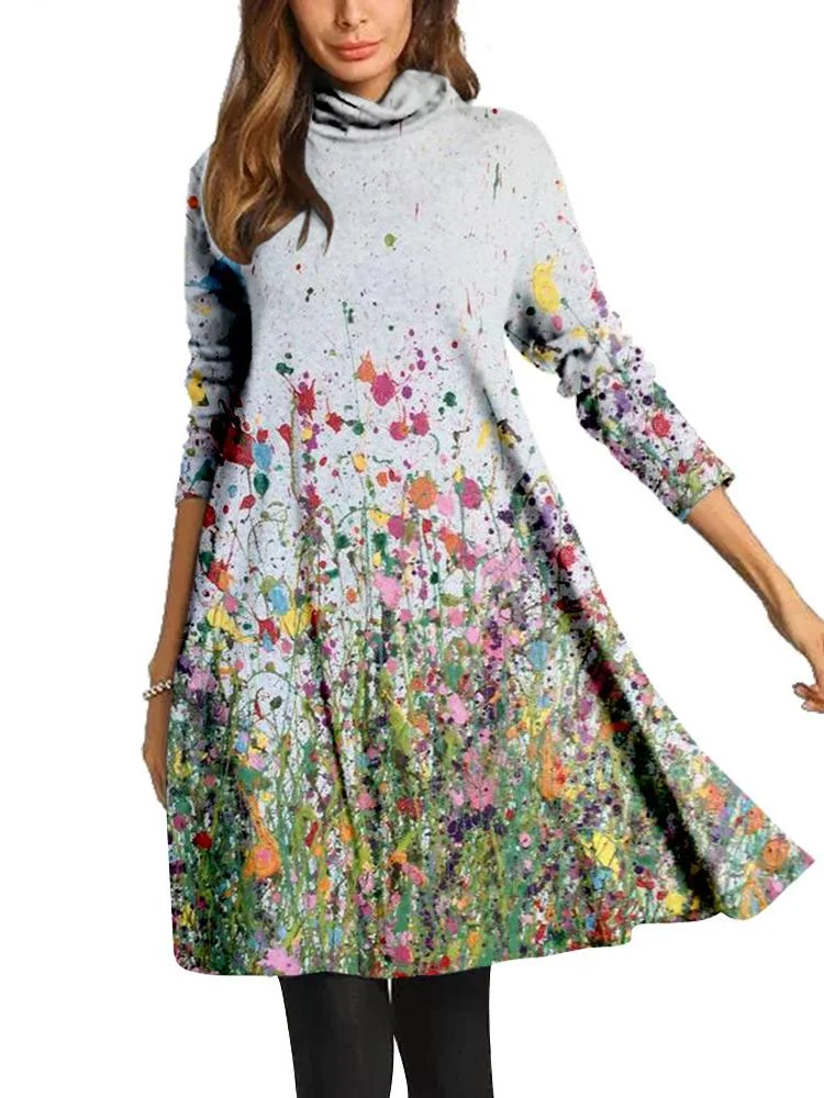 Women Long Sleeve Scoop Neck Printed Midi Dress