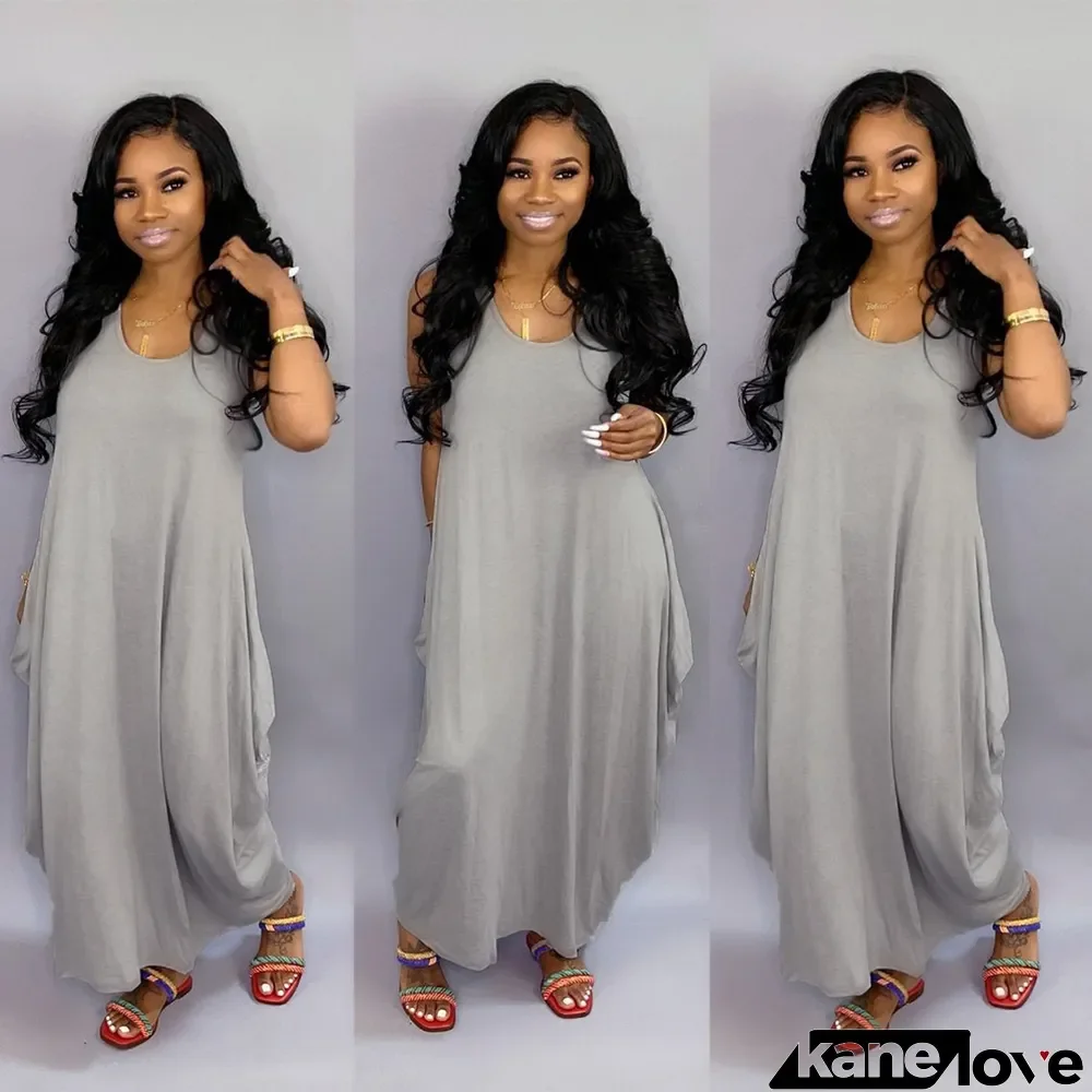 Sexy Women clothes Sleeveless Solid Color Loose Round Neck Casual Long Dress