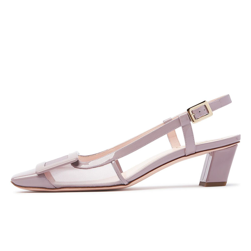 Purple Mesh Patent Buckle Square Toe Slingback Shoes with Chunky Heel Nicepairs