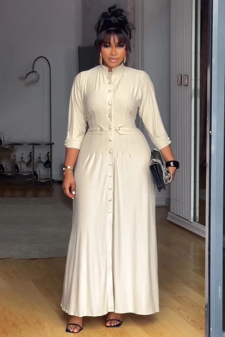 3/4 Sleeve Band Collar Button Up Cinched Daily Maxi Dresses-Beige [Pre Order]