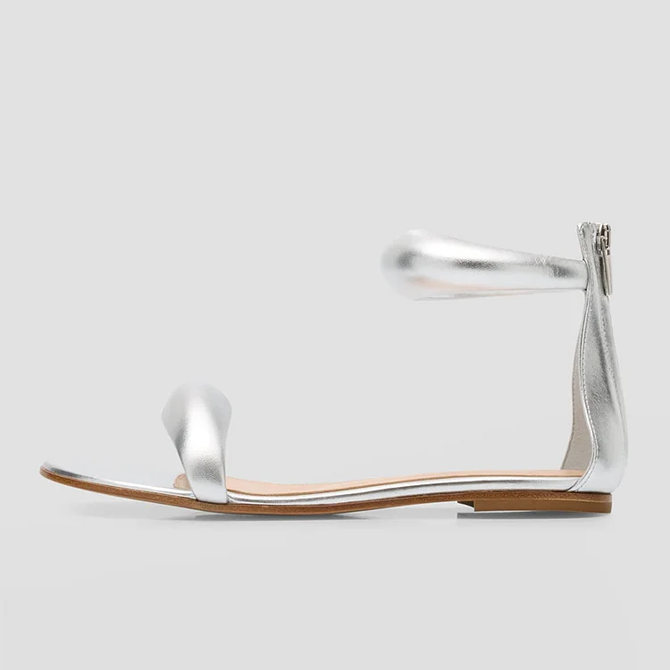 Silver Open Toe Puffy Ankle Strap Zipper Flat Sandals for Women |FSJ Shoes