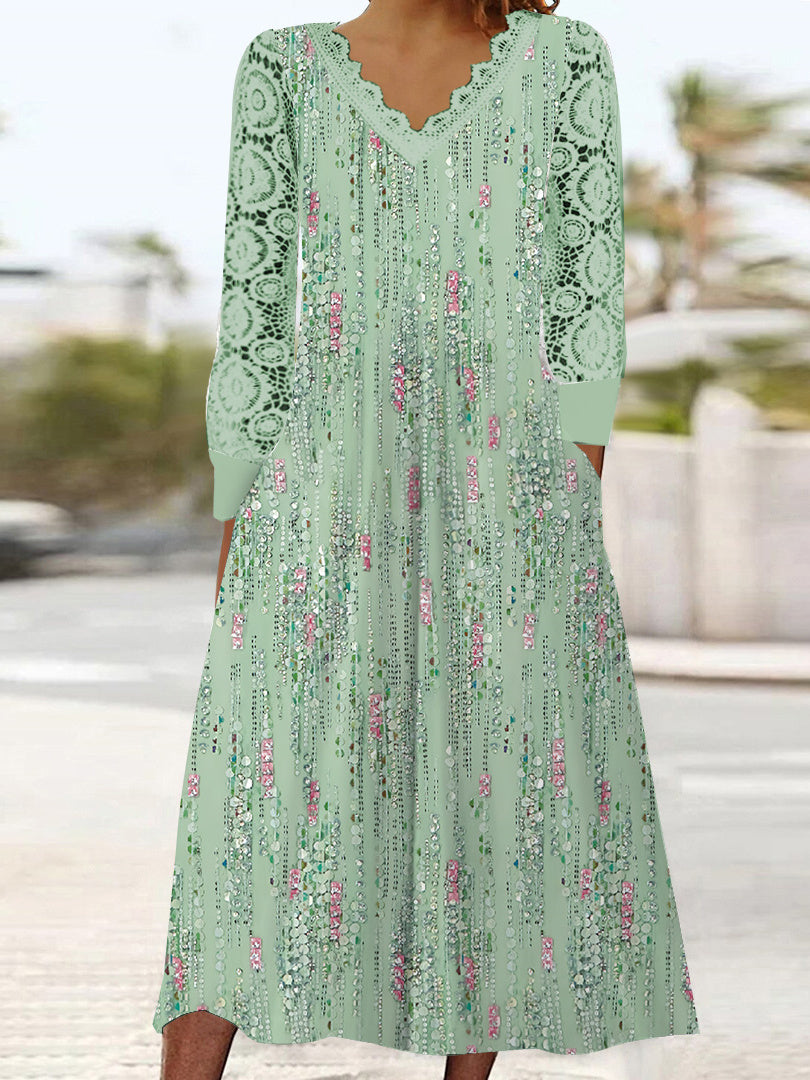 Women's Long Sleeve V-neck Graphic Lace Pockets Midi Dress