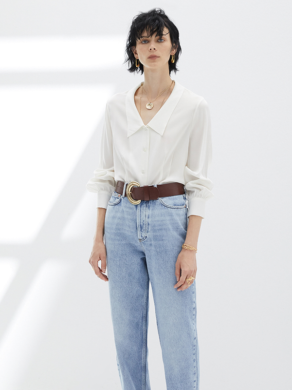 Wide Collar White Silk Shirt