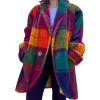 Women's Thicken Turn-Down Collar Colors Block Woollen Long Cardigan Coat