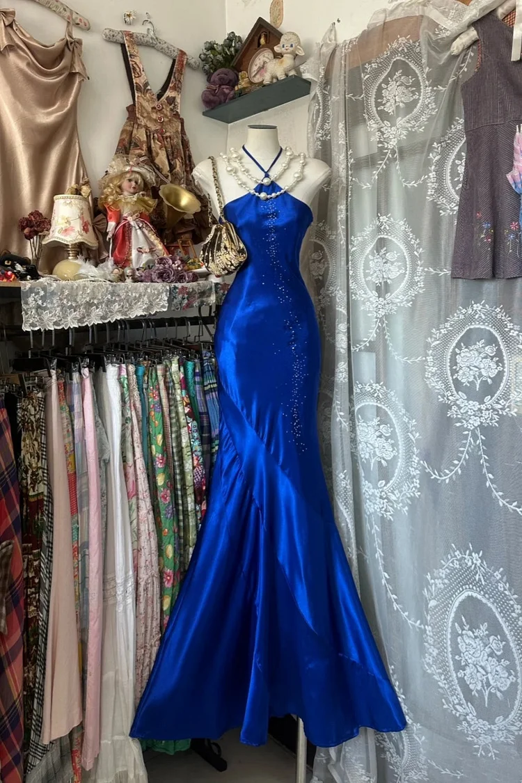 Royal Blue Satin Beaded Halter Sleeveless Floor-Length Mermaid Gown