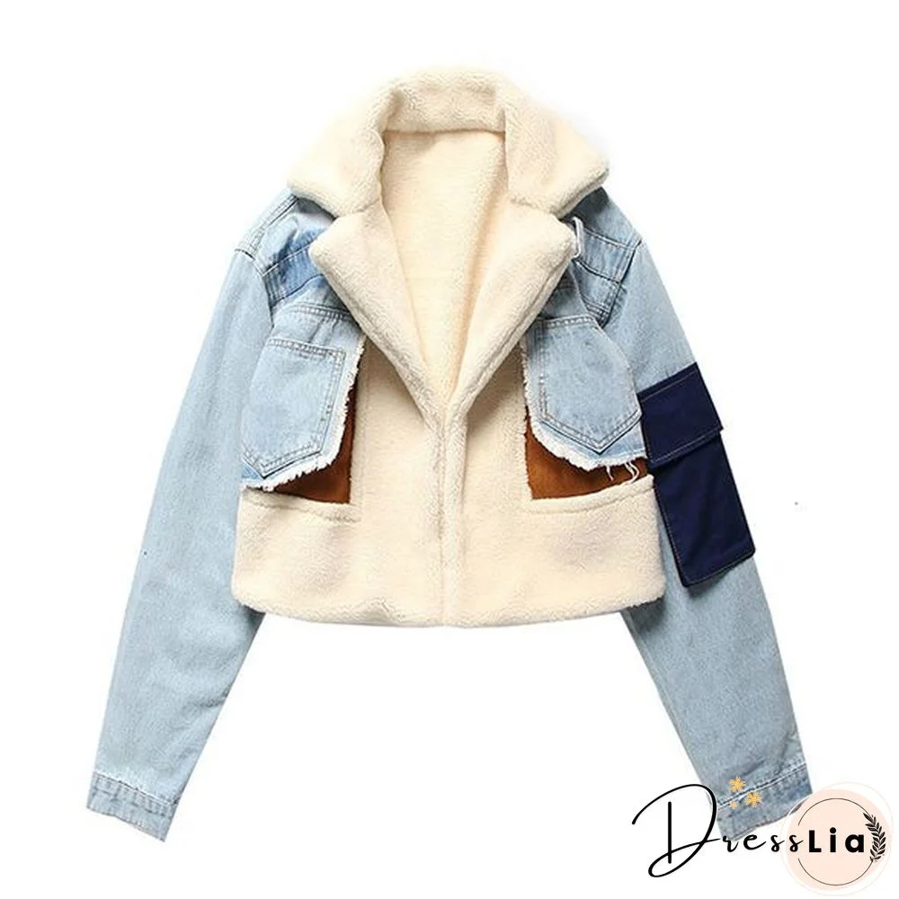 Color Block Patchwork Faux Fur Borg Sherpa Denim Jacket with Fur Collar