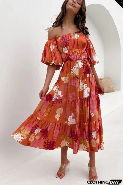 Floral Off Shoulder Shirring Maxi Dress