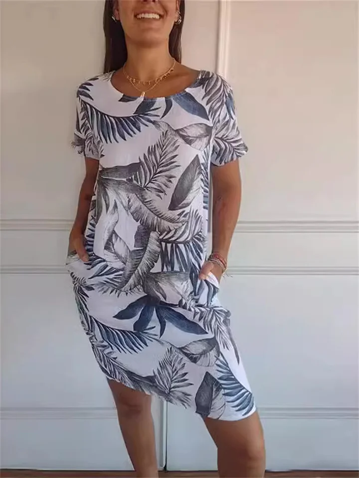 Summer New Women's Cotton and Linen Printing Round Neck Dress Floral Mid-length Dresses-JRSEE