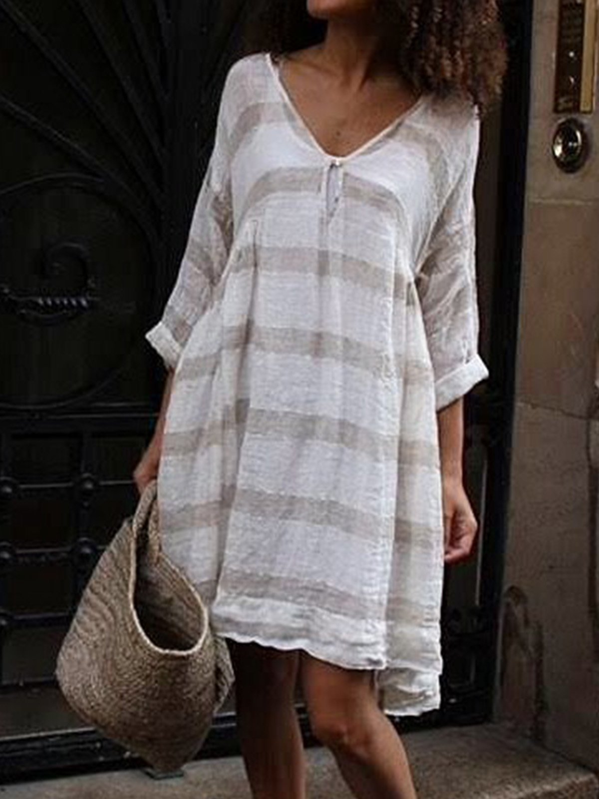 Half Sleeve V Neck Striped Casual Dresses