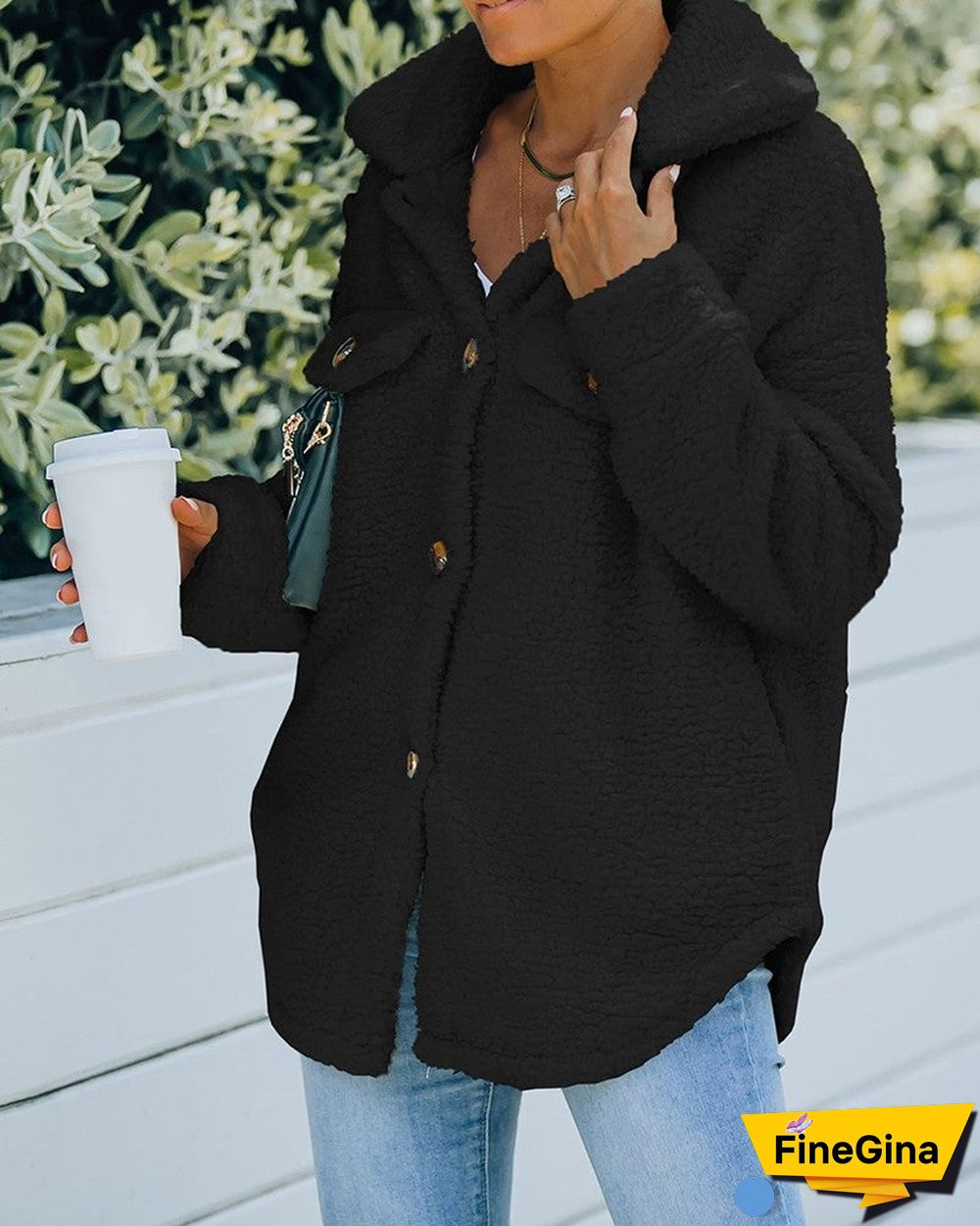 Pocket Button Design Long Sleeve Fluffy Coat