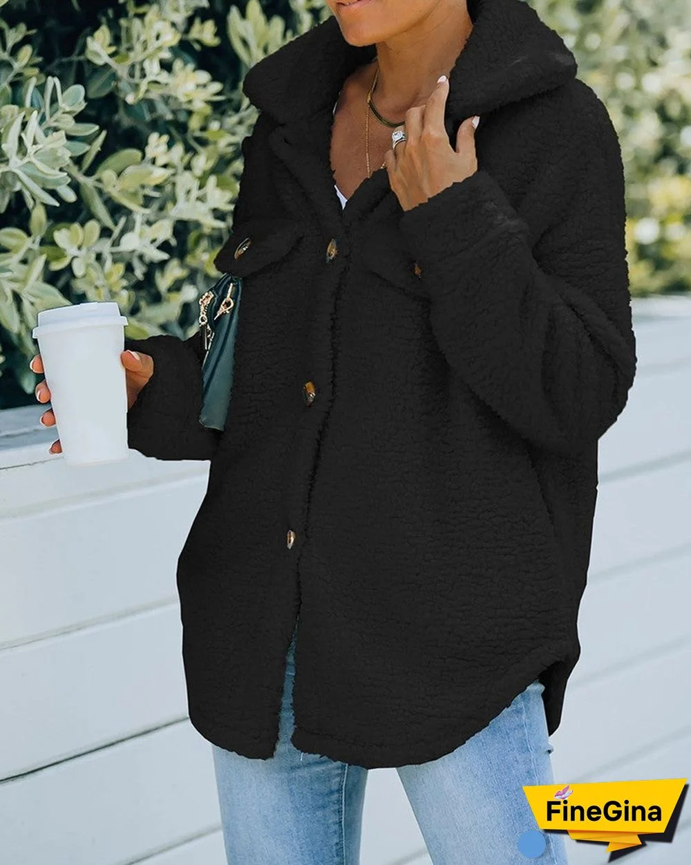 Pocket Button Design Long Sleeve Fluffy Coat