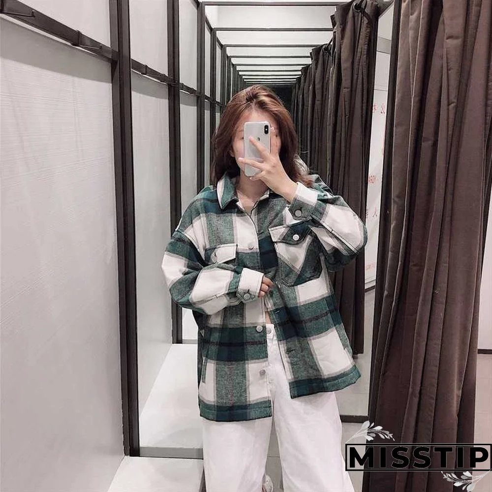 Classic Thick Colorblock Checked Button Down Shirt Jacket Woolen