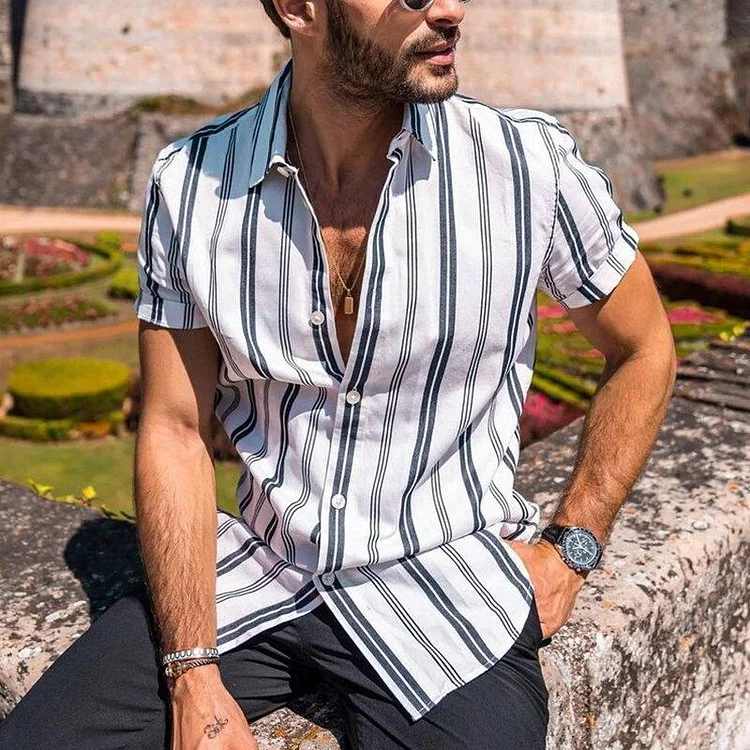 Men's Casual Retro Striped Print Short Sleeve Shirt 78990579TO