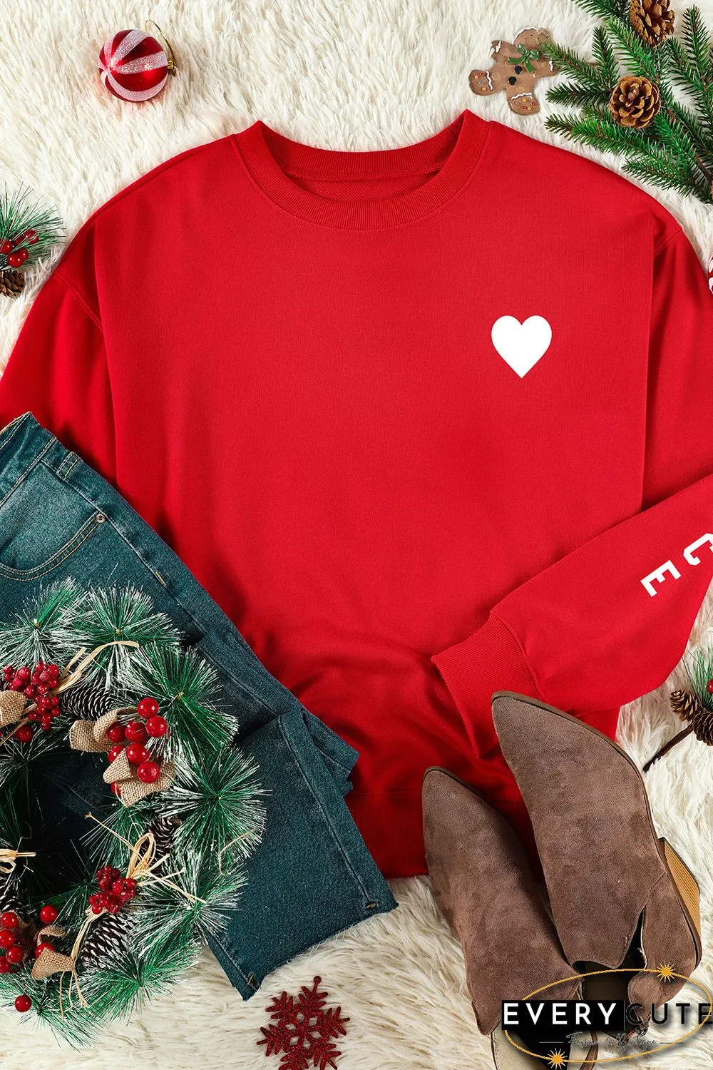Red Letters Print Long Sleeve Pullover Sweatshirt