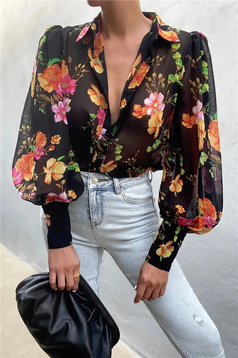 Nncharge Autumn Puff Sleeve Shirts Blouse Women Floral/Leopard Long Sleeve Lapel Buttons Vintage Shirts Elegant Blouses Tops Female