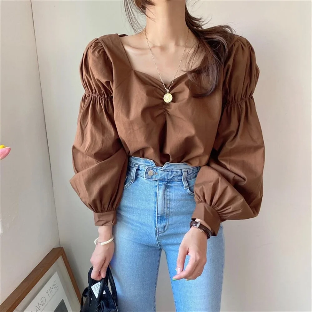 Jangj Alien Kitty Sexy Square Collar Women Tops Folds Puff Sleeves New Chic 2022 Spring Shirts OL Office Wear Solid Lady Blouses