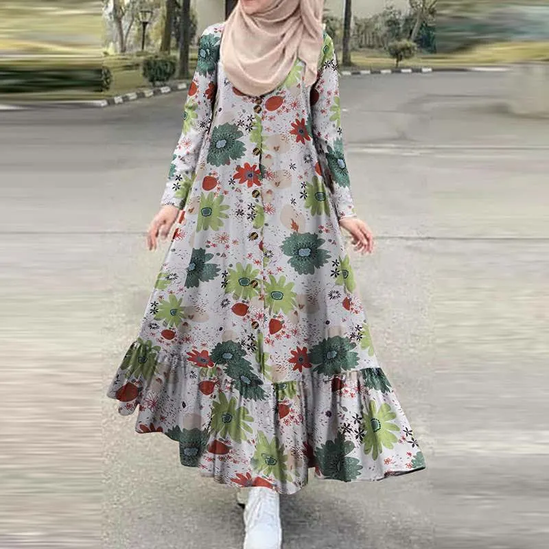 Vintage Check Muslim Dress Women's Autumn Sundress 2022 ZANZEA Casual Long Sleeve Ruffle Vestidos Female Button Printed Robe
