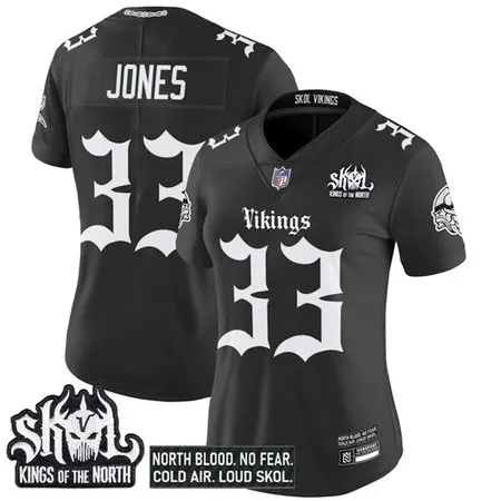 Women's Minnesota Vikings #33 Aaron Jones Black 2025 Kings of the North Patch "Gothic Norseblood Edition" Vapor Untouchable Limited Stitched Football Jersey
